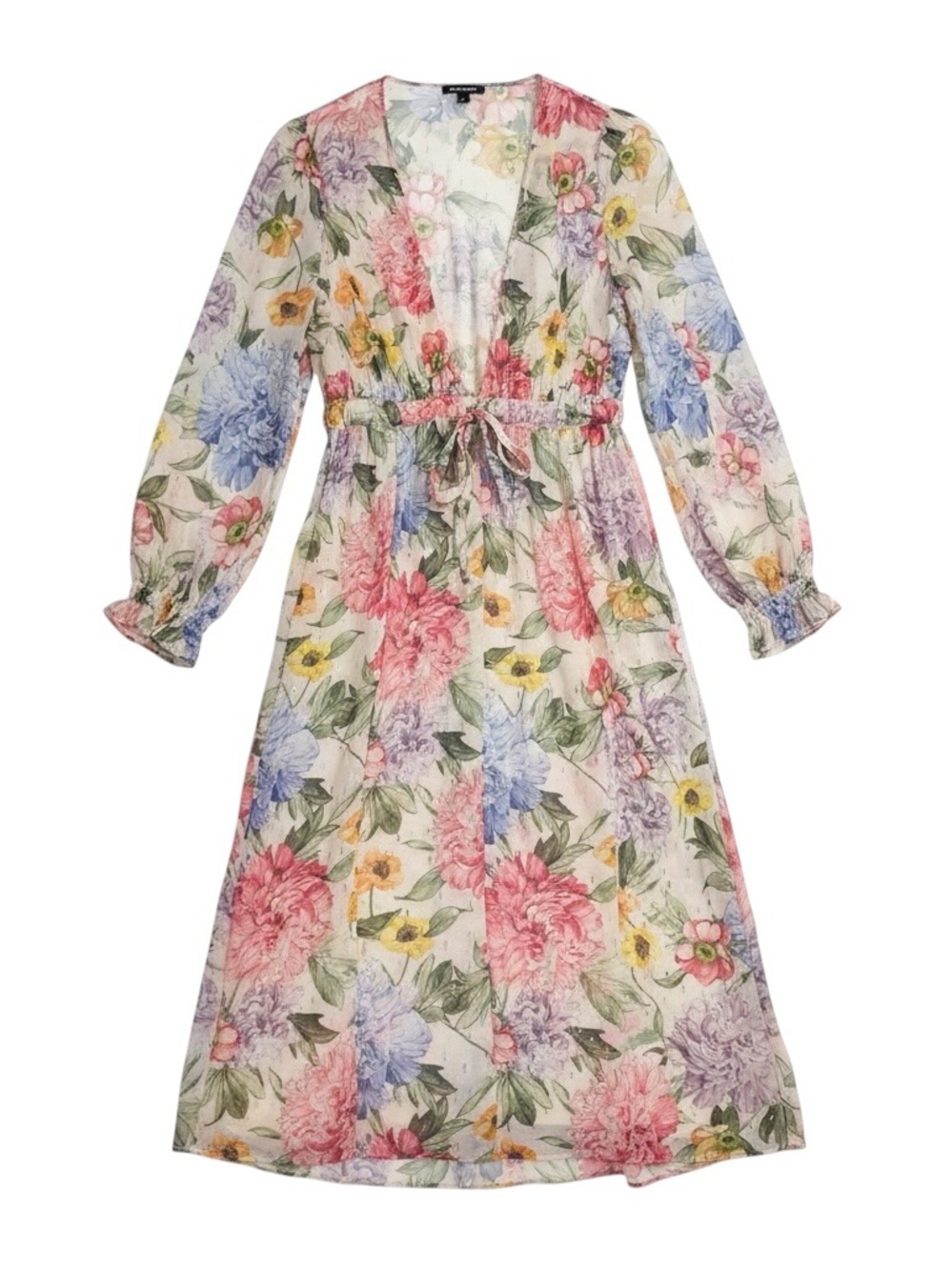 Express Floral Sheer Duster Cover Up Long Sleeve Tie Waist Metallic Thread M/L